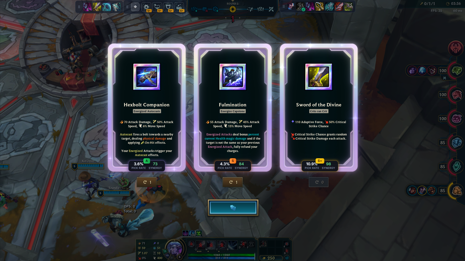 In-game Arena overlay suggesting the best augments and prismatic items with pick rate and synergy scores